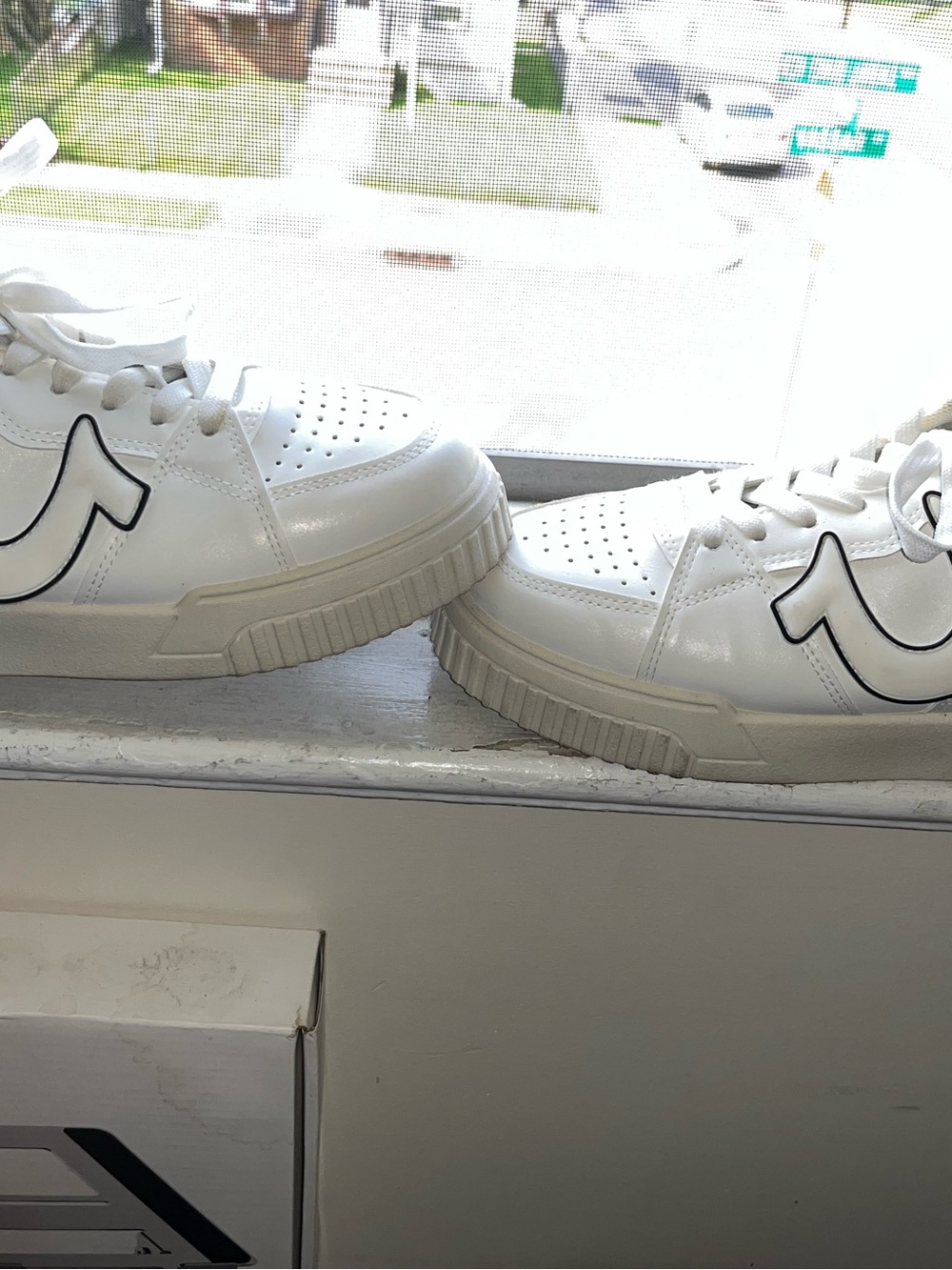 True Religion White Sneakers with Black Horseshoe Accent